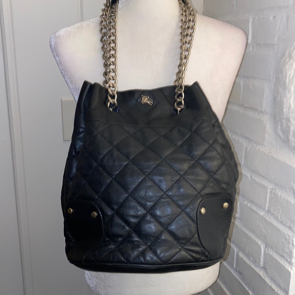 Authentic Burberry Black Quilted Leather Bucket Handbag
